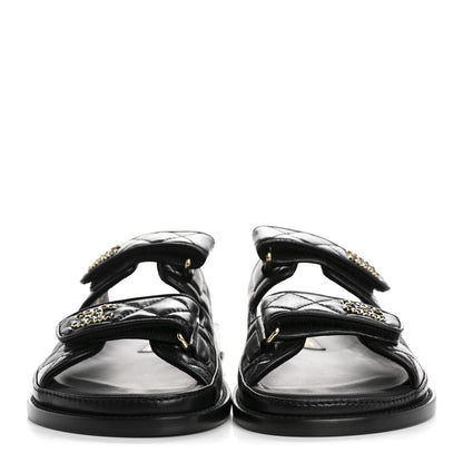 Chanel Lambskin Quilted Velcro Dad Chain CC Slide Sandals 36 Black 3 of 10