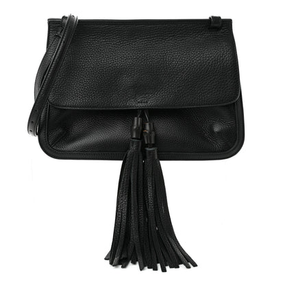 Gucci Pebbled Calfskin Medium Bamboo Daily Flap Shoulder Bag Black 1 of 9