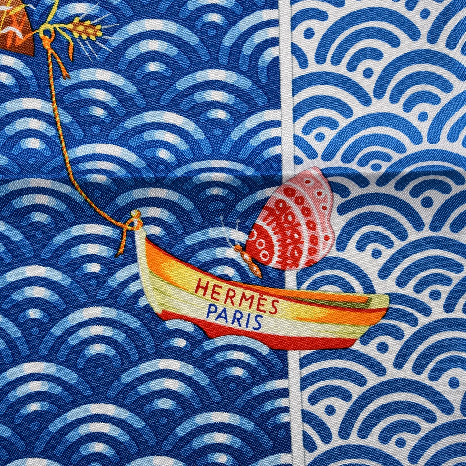 Hermes Silk Bateau Fleuri Scarf 90 Bleu Vert Jaune 4 of 7