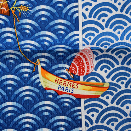 Hermes Silk Bateau Fleuri Scarf 90 Bleu Vert Jaune 4 of 7