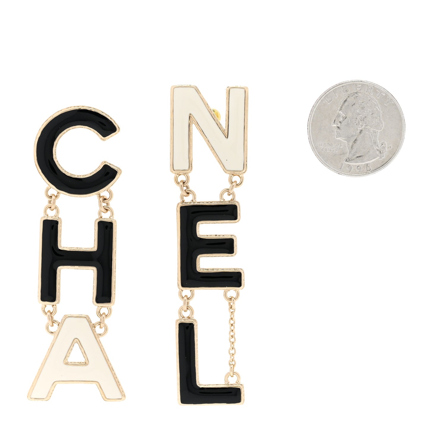 Metal Enamel Cha-Nel Logo Drop Earrings Black White