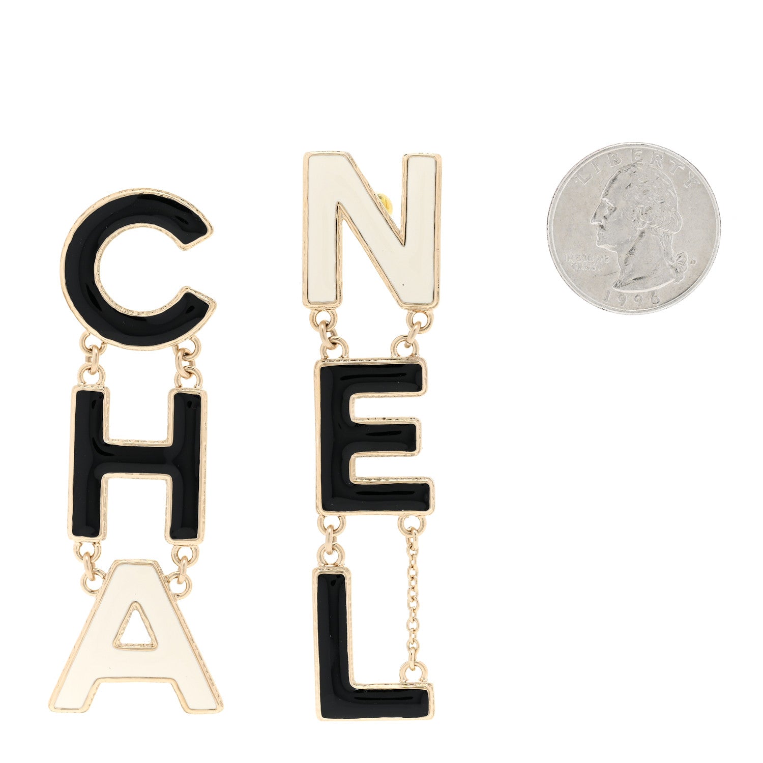 Chanel Metal Enamel Cha-Nel Logo Drop Earrings Black White 2 of 5