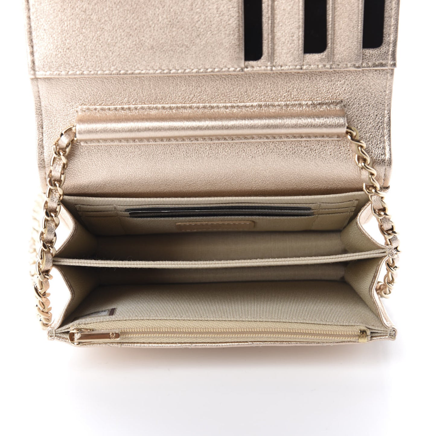 Metallic Lambskin Quilted Mini Wallet On Chain WOC Gold