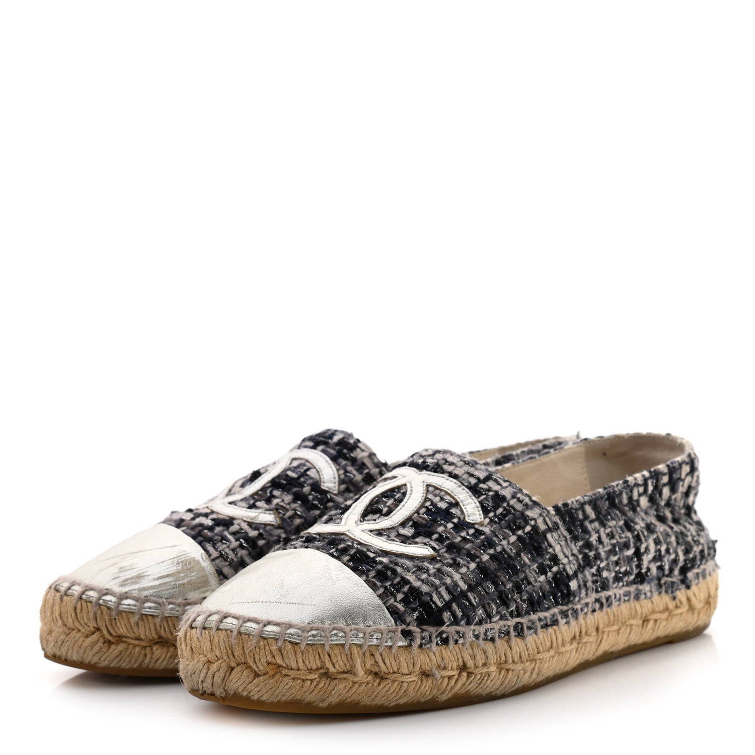 Chanel Metallic Tweed Lambskin CC Espadrilles 38 Blue Black Silver 3 of 14