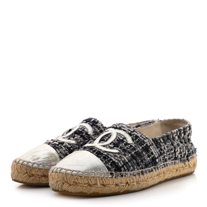 Chanel Metallic Tweed Lambskin CC Espadrilles 38 Blue Black Silver 3 of 14