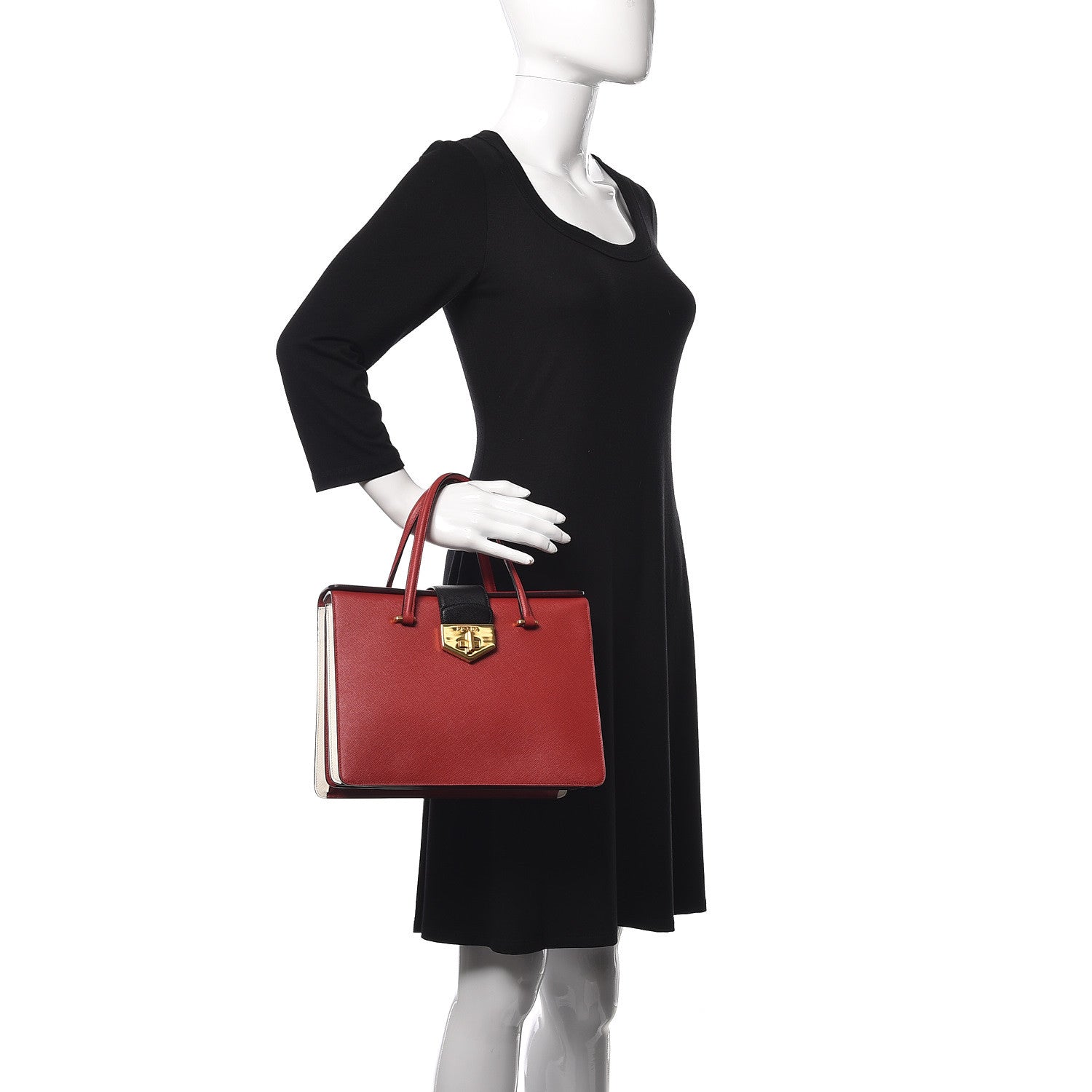 Prada Saffiano Tri-Color Turn Lock Satchel Fuoco White Black 2 of 8