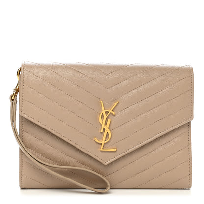 Saint Laurent Grain De Poudre Matelasse Chevron Monogram Envelope Clutch Dark Beige 1 of 8