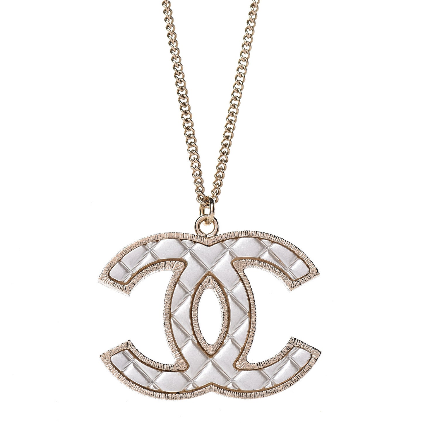 Metal Quilted CC Pendant Necklace Gold White