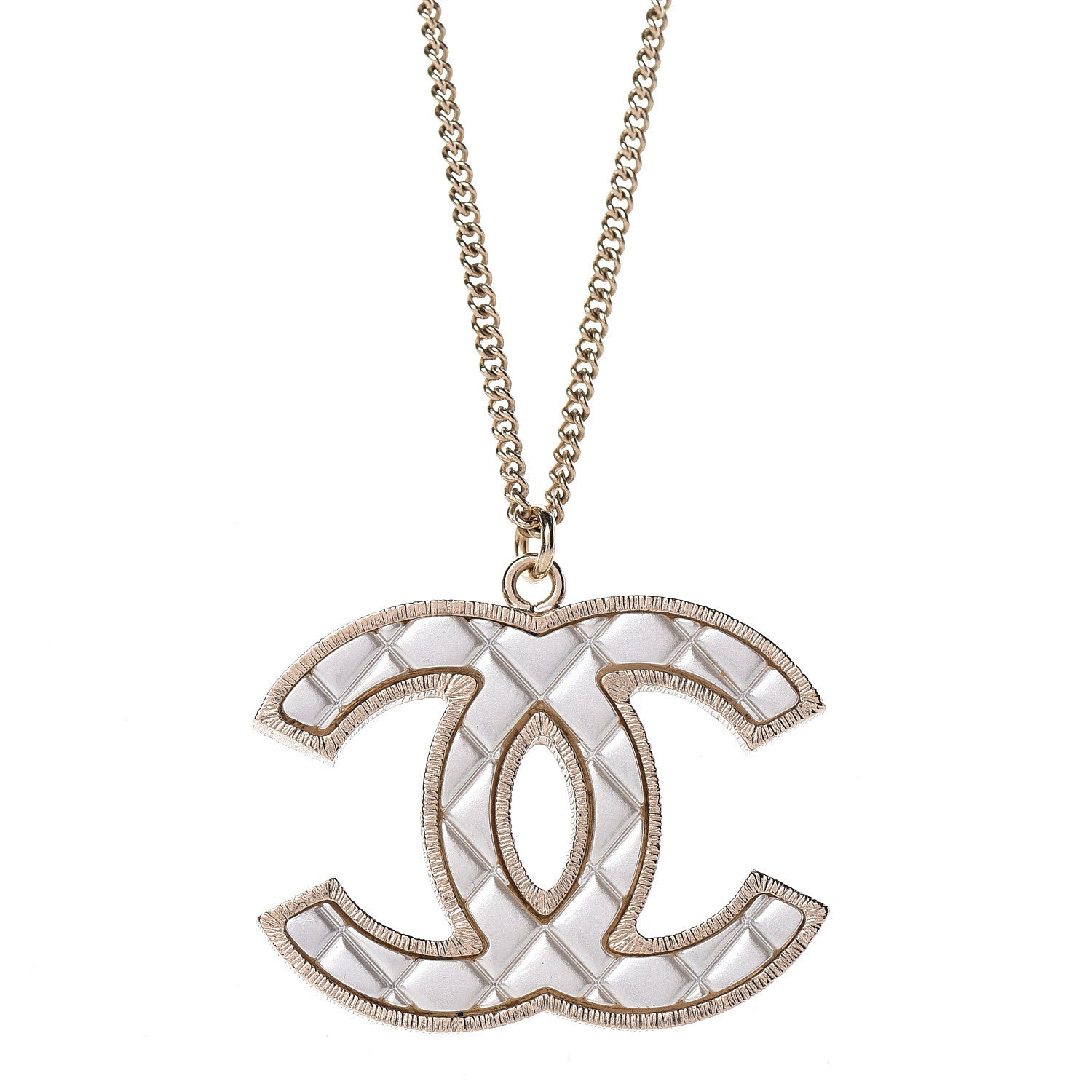 Chanel Metal Quilted CC Pendant Necklace Gold White 5 of 5