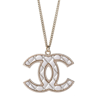 Chanel Metal Quilted CC Pendant Necklace Gold White 5 of 5