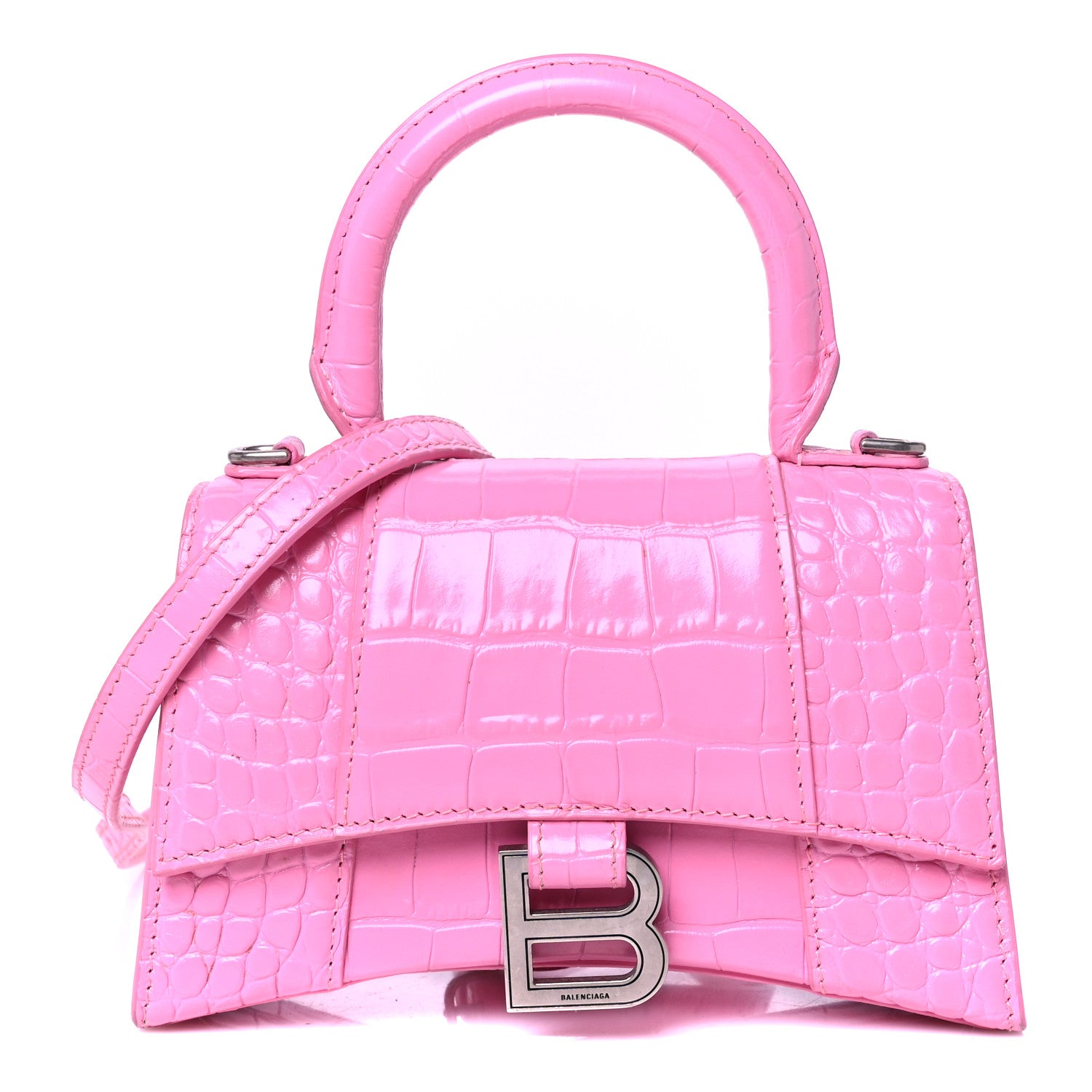 Balenciaga Shiny Calfskin Crocodile Embossed Hourglass Top Handle Bag XS Baby Pink 1 of 10