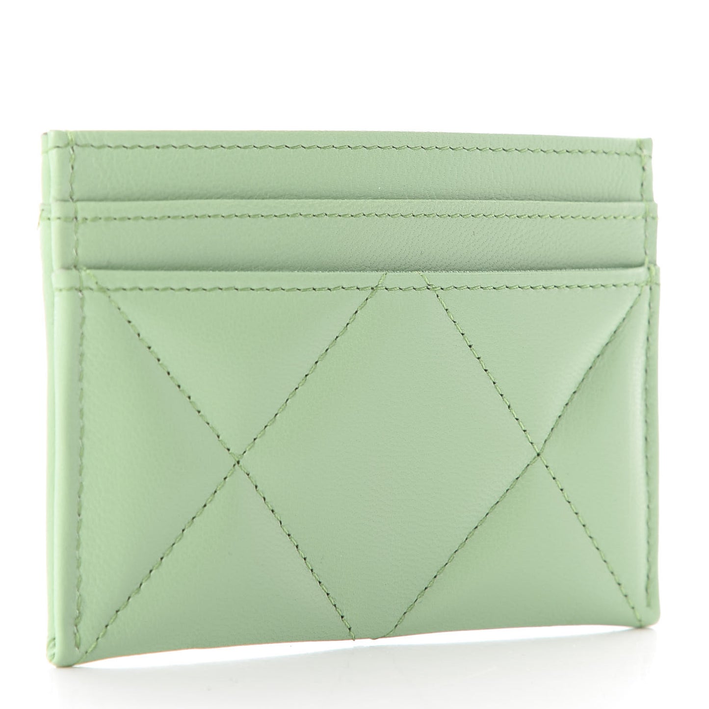 Shiny Goatskin Quilted Chanel 19 Card Holder Green