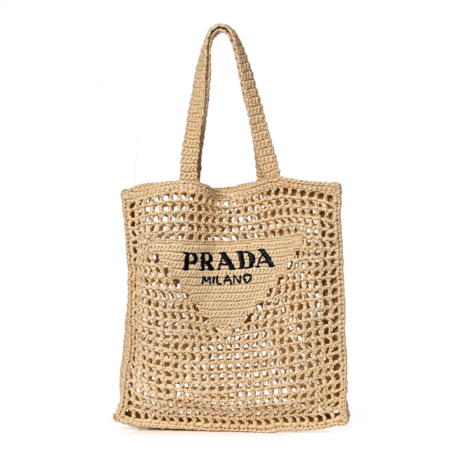 Prada Yarn Raffia Effect Crochet Logo Embroidered Tote Bag Naturale 1 of 9