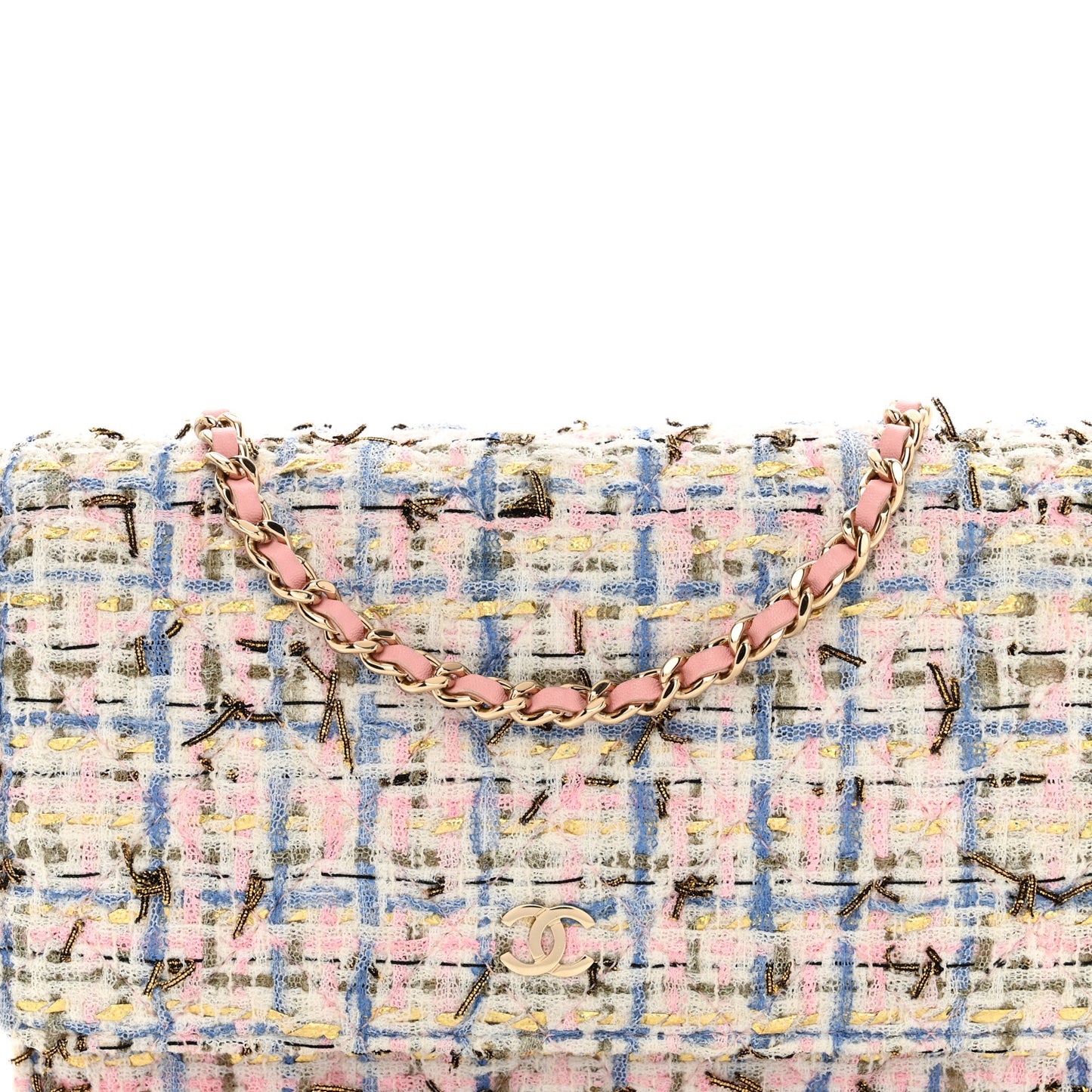 Tweed Quilted Wallet On Chain WOC Blue Pink Gold
