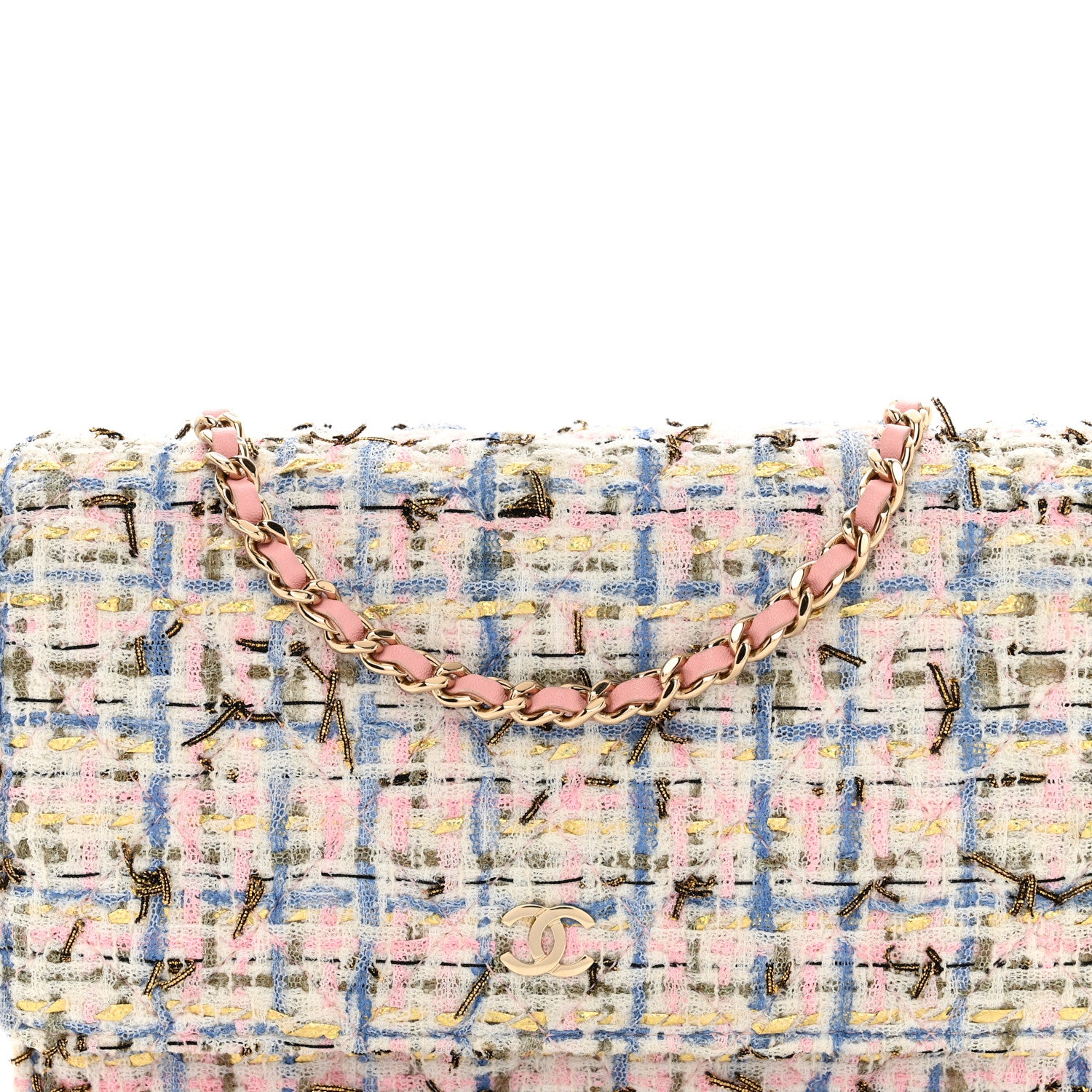 Chanel Tweed Quilted Wallet On Chain WOC Blue Pink Gold 5 of 11