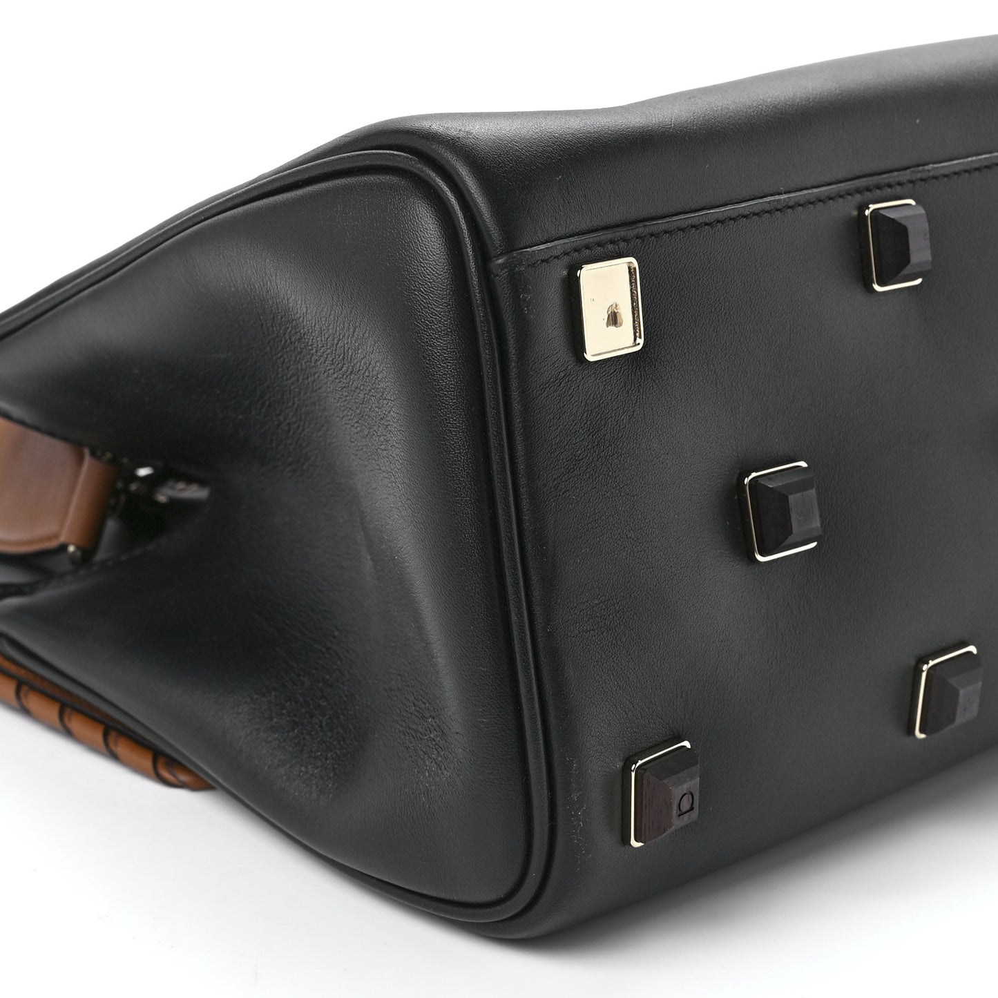 Calfskin Woven Small Studio Top Handle Bag Tan Black
