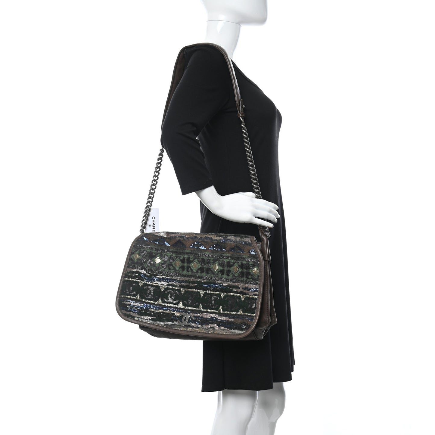Calfskin Felt Sequin Embroidered Flap Shoulder Bag Brown