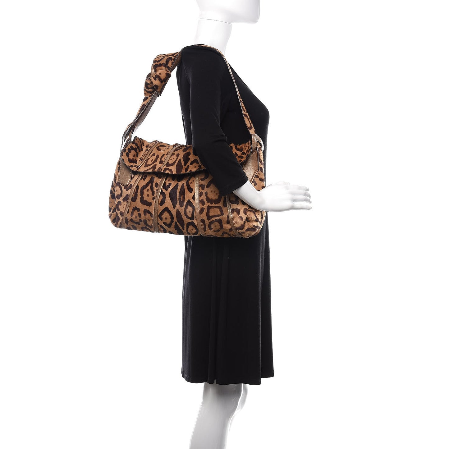 Calf Hair Leopard Print Bow Shoulder Bag Brown