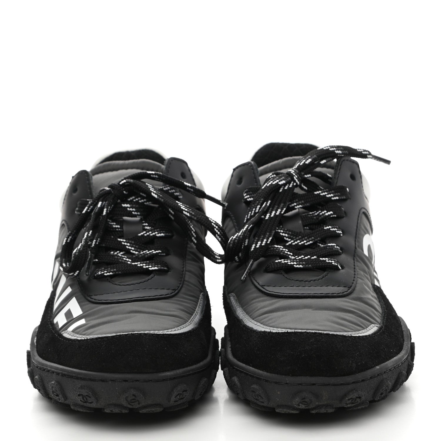 Chanel Nylon Calfskin Suede Womens CC Sneakers 37 Black Grey White 5 of 9