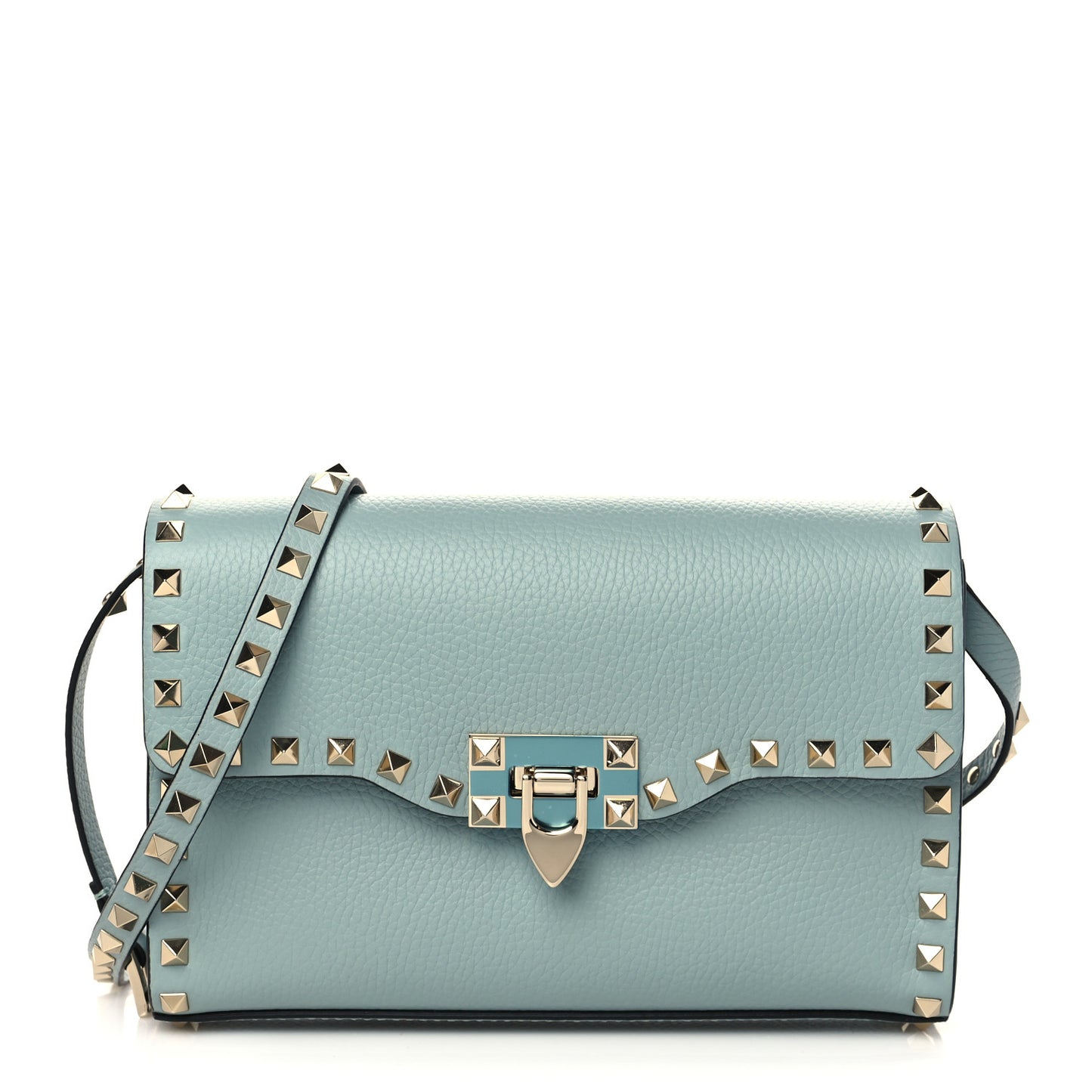 Pebbled Calfskin Medium Rockstud Flip Lock Crossbody Bag Celadon