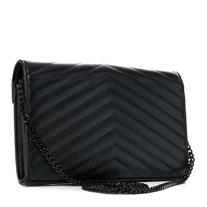 Saint Laurent Grain De Poudre Matelasse Chevron Monogram Chain Wallet Black 3 of 19