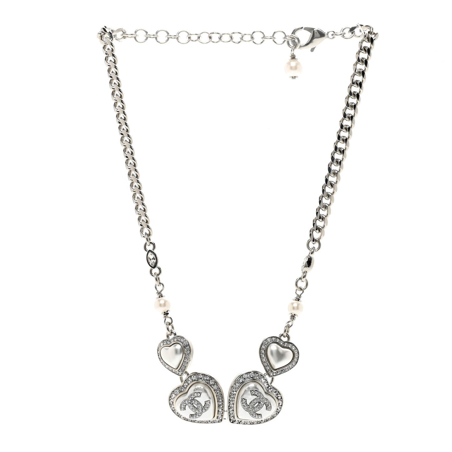 Pearl Crystal CC Heart Choker Necklace Silver