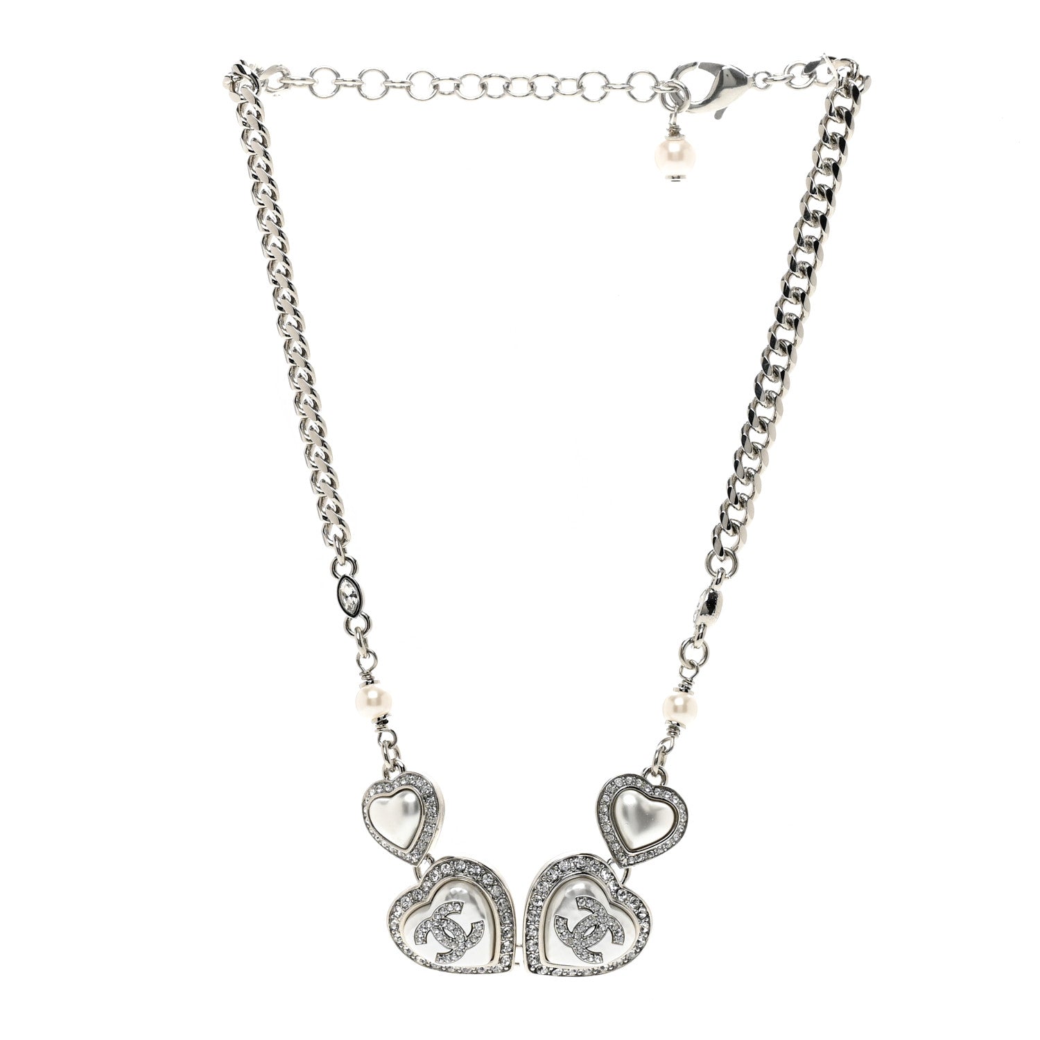 Chanel Pearl Crystal CC Heart Choker Necklace Silver 3 of 4