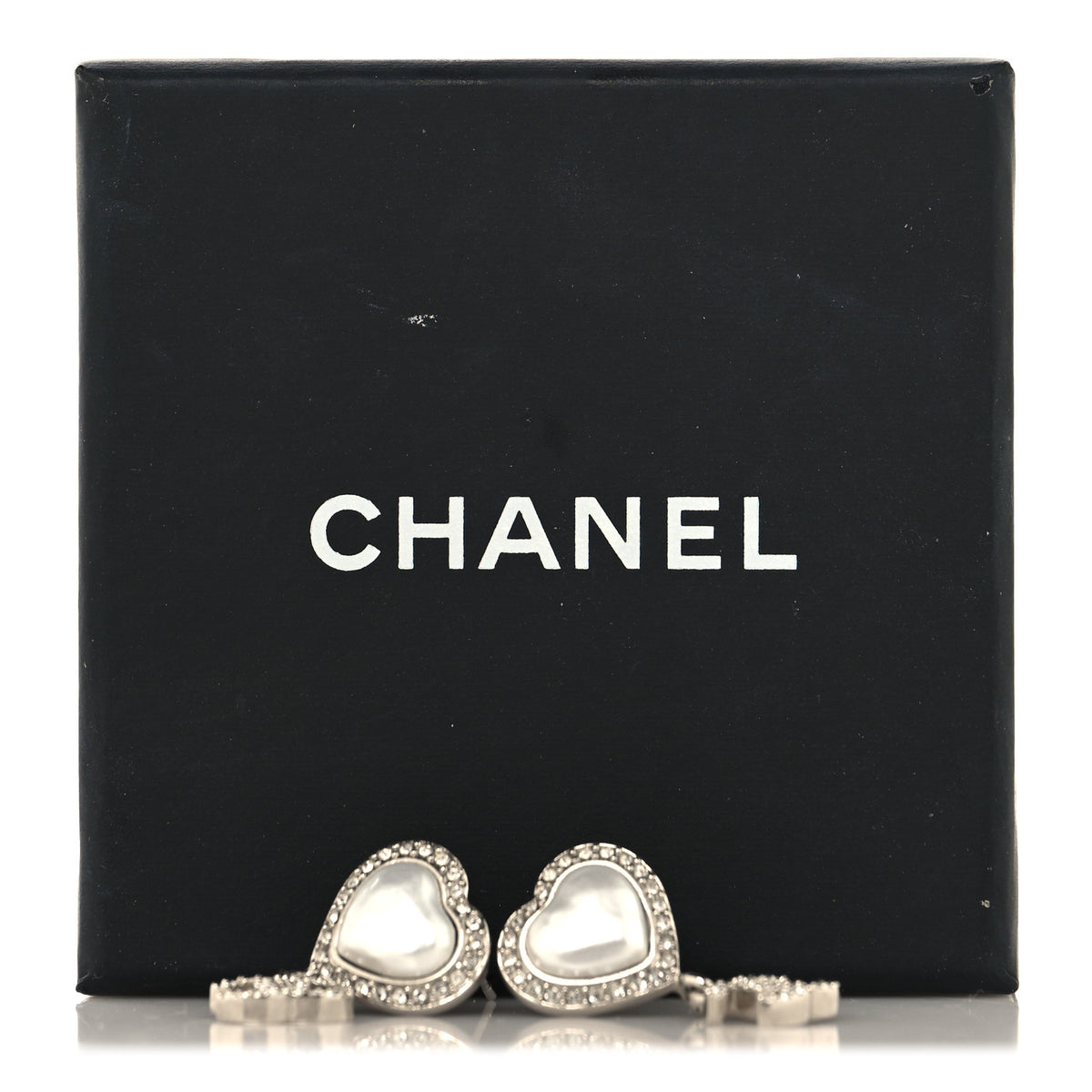 Chanel Pearl Crystal CC Heart Drop Earrings Silver 5 of 5