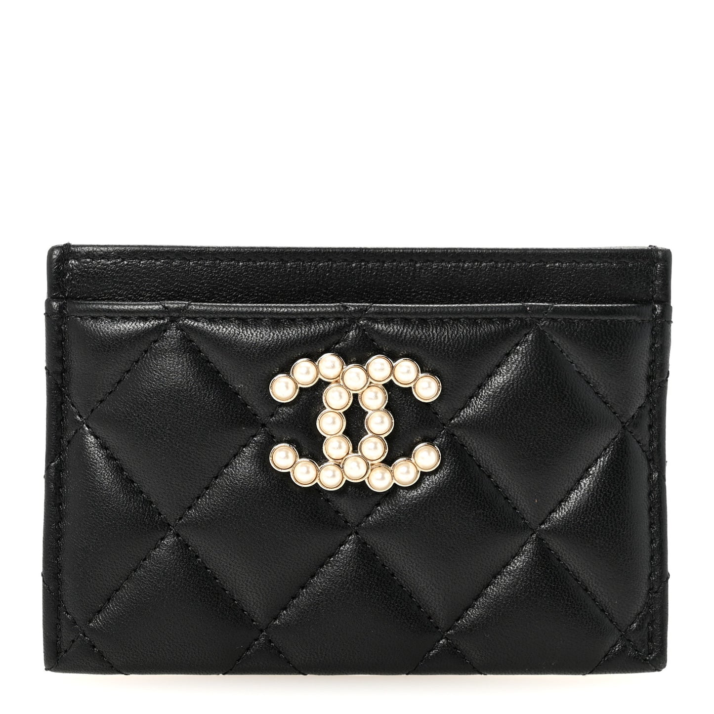 Lambskin Quilted Pearl CC Chanel Card Holder Black