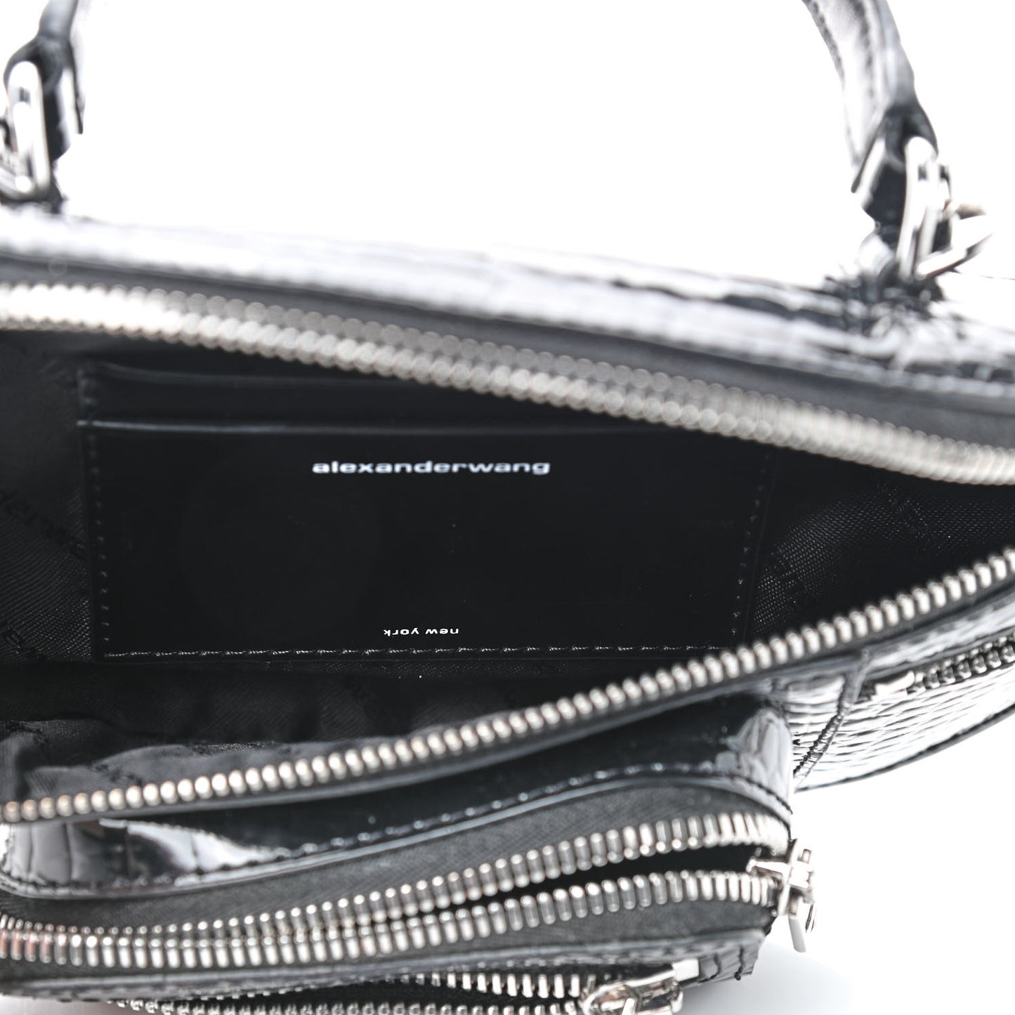 Crocodile Embossed Patent Mini Top Handle Attica Belt Bag Black