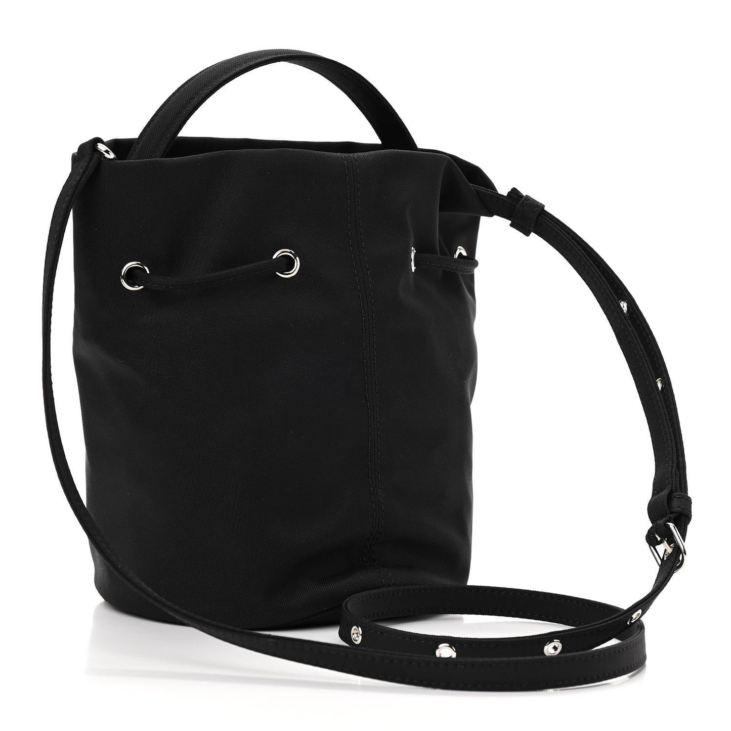 Recycled Sport Nylon Logo Embroidered Wheel Drawstring Bucket Bag Black White