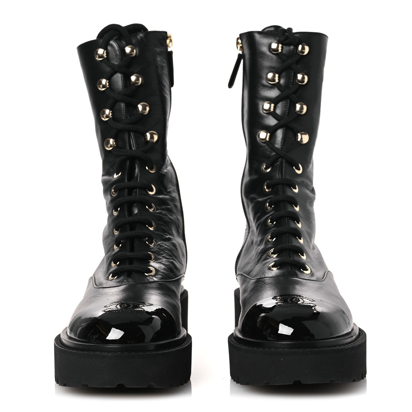 Crumpled Calfskin Patent Cap Toe Lace Up Combat Boots 39.5 Black
