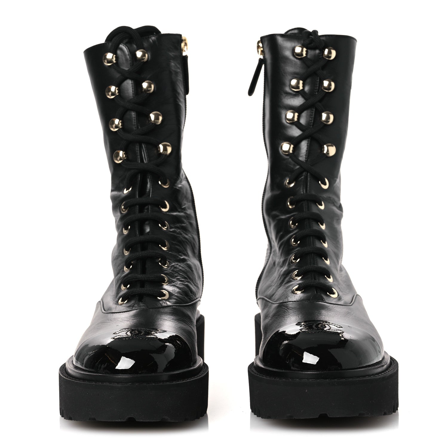 Chanel Crumpled Calfskin Patent Cap Toe Lace Up Combat Boots 39.5 Black 3 of 11