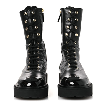 Chanel Crumpled Calfskin Patent Cap Toe Lace Up Combat Boots 39.5 Black 3 of 11