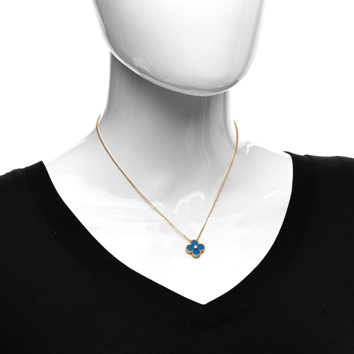 18K Yellow Gold Diamond Celestial Blue Sevres Porcelain Vintage Alhambra Pendant Necklace