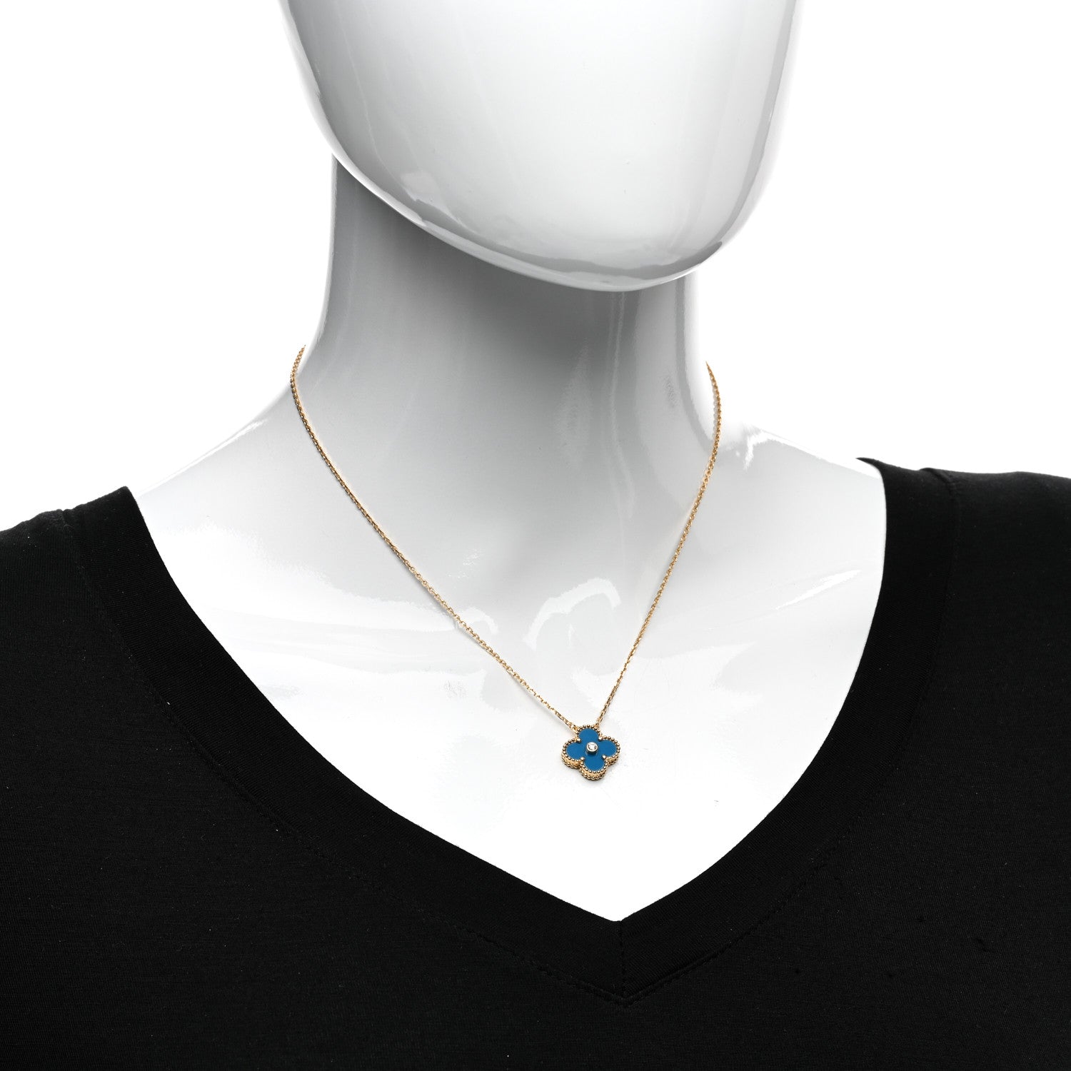 Van Cleef & Arpels 18K Yellow Gold Diamond Celestial Blue Sevres Porcelain Vintage Alhambra Pendant Necklace 2 of 6