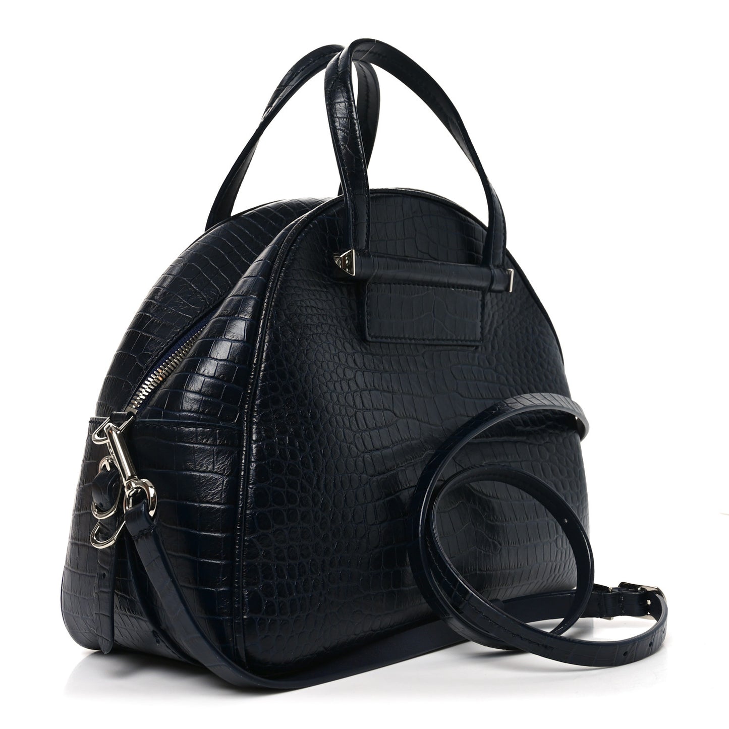 Calfskin Crocodile Embossed Small Varenne Bowling Bag Navy