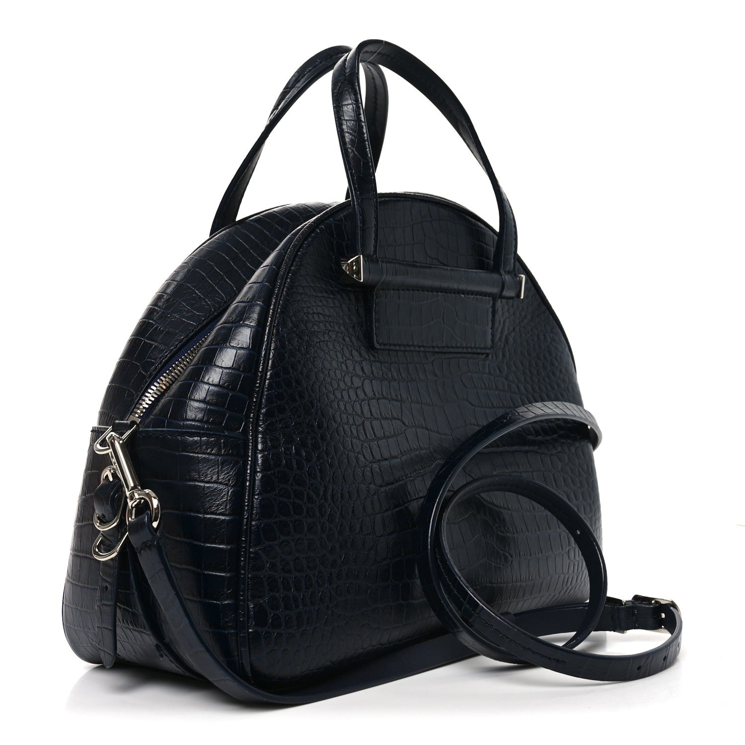 Jimmy Choo Calfskin Crocodile Embossed Small Varenne Bowling Bag Navy 3 of 9