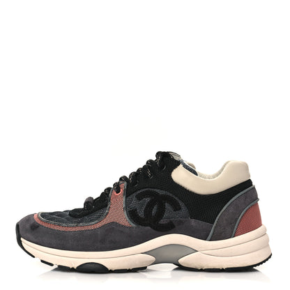 Chanel Nylon Calfskin Suede Womens CC Sneakers 37.5 Grey Pink 1 of 10