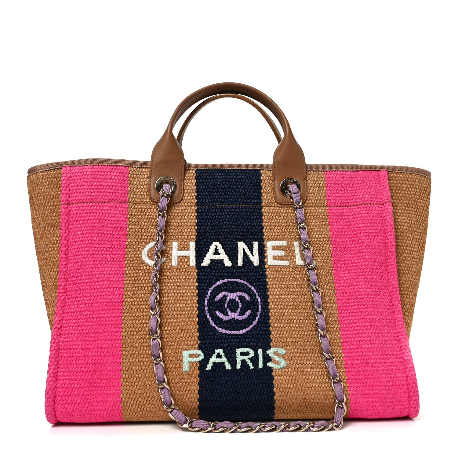 Chanel Straw Raffia Calfskin Striped Medium Deauville Tote Dark Beige Fuchsia Navy Blue 1 of 11