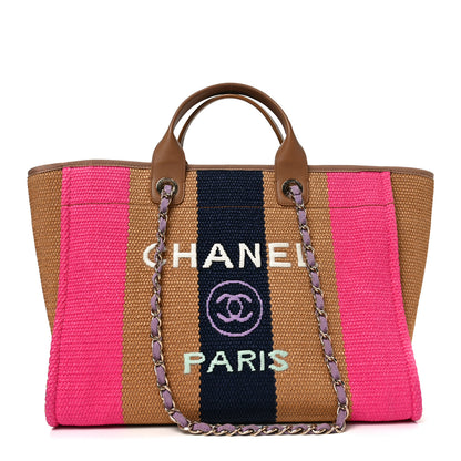 Chanel Straw Raffia Calfskin Striped Medium Deauville Tote Dark Beige Fuchsia Navy Blue 1 of 11