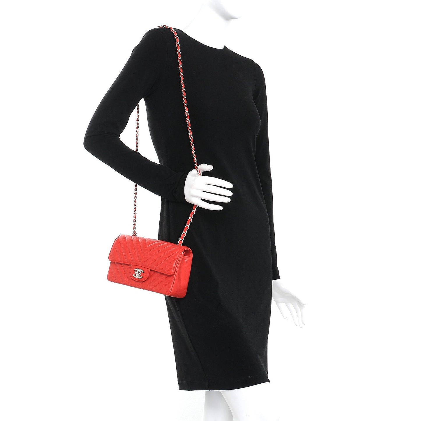 Caviar Chevron Quilted Mini Rectangular Flap Red