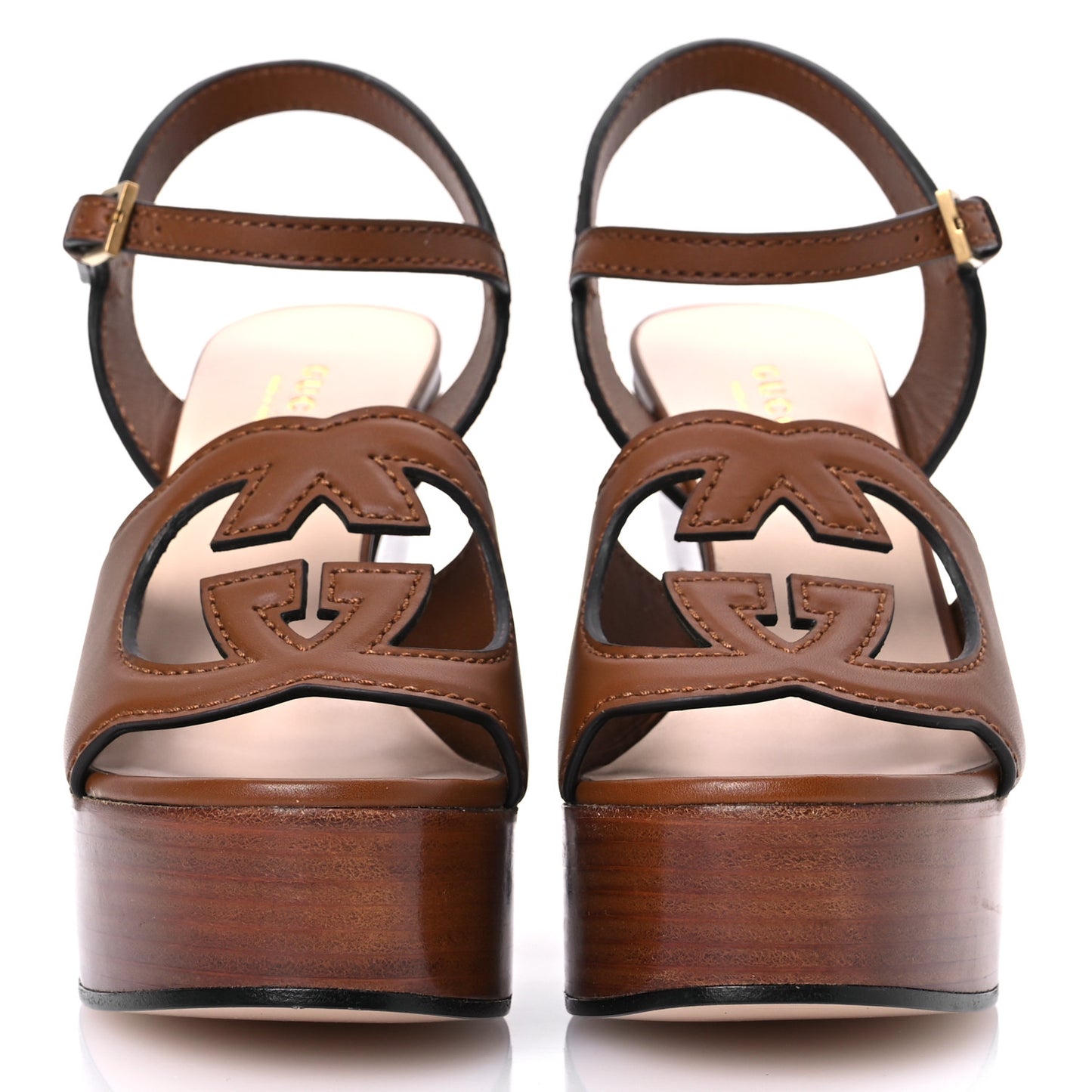 Cosmos Softy Calfskin Wooden Interlocking G Cut-Out 30/120mm Platform Sandals 35.5 Cuir