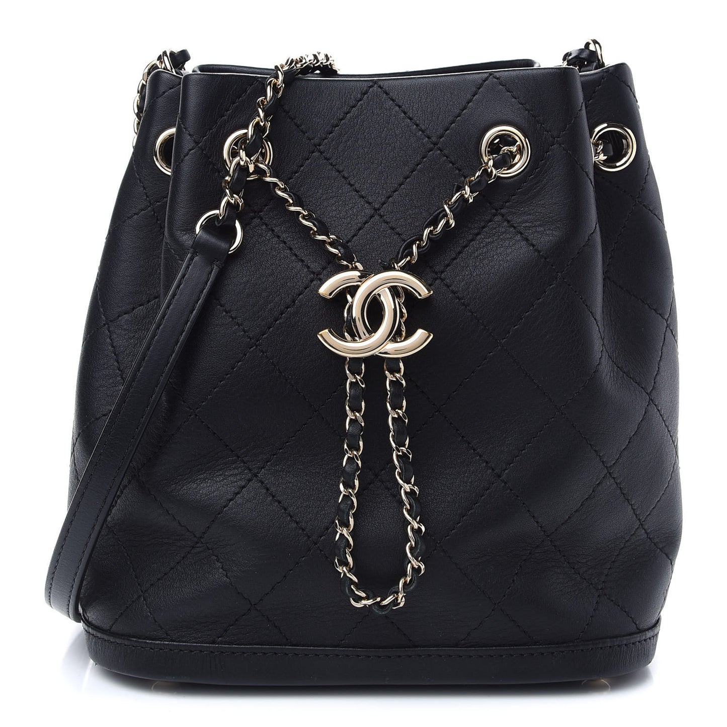Calfskin Stitched Chain Bucket Bag Black