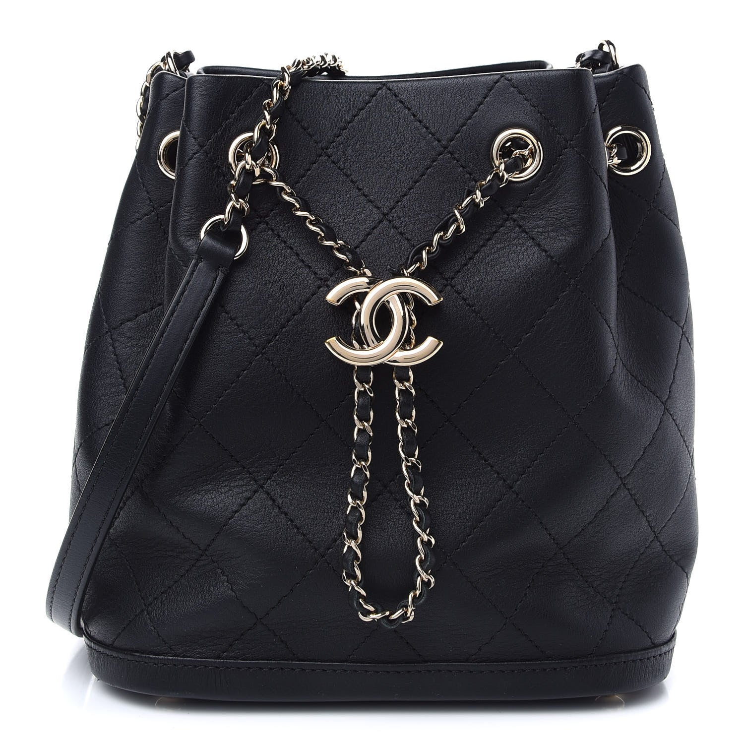 Chanel Calfskin Stitched Chain Bucket Bag Black 1 of 9