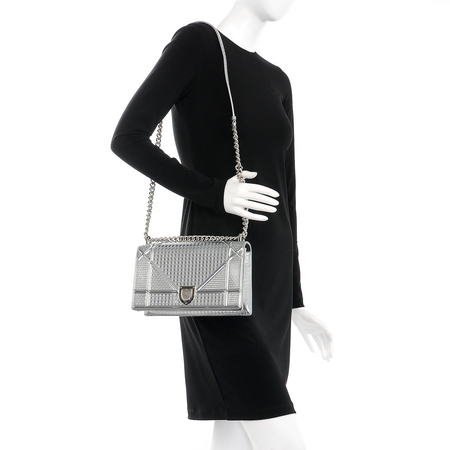 Christian Dior Metallic Patent Micro-Cannage Medium Diorama Flap Bag Silver 2 of 7