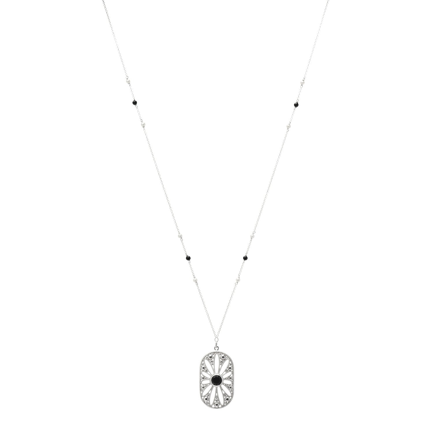 Tiffany Sterling Silver Black Onyx Pearl Ziegfeld Daisy Pendant Necklace 1 of 5