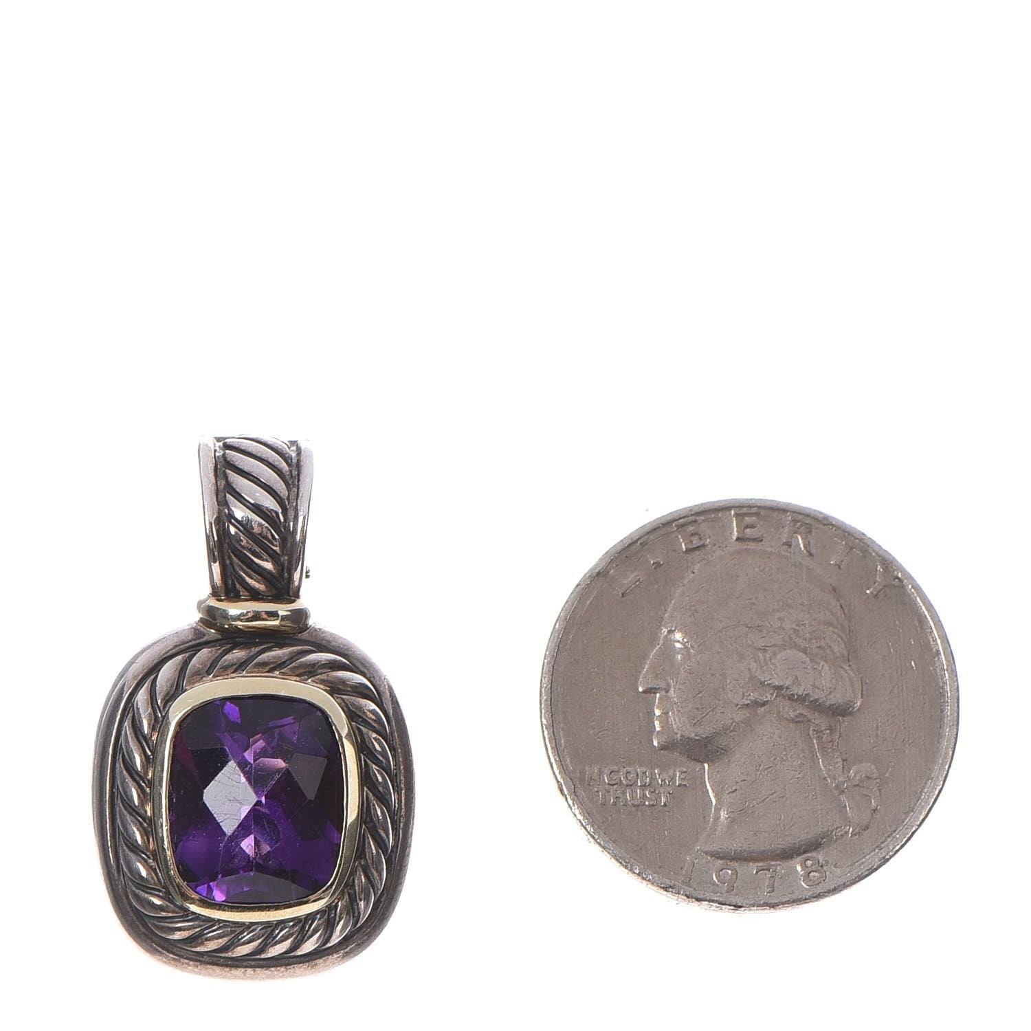 David Yurman Sterling Silver 14K Yellow Gold Amethyst 12mm Albion Enhancer Pendant 8 of 9