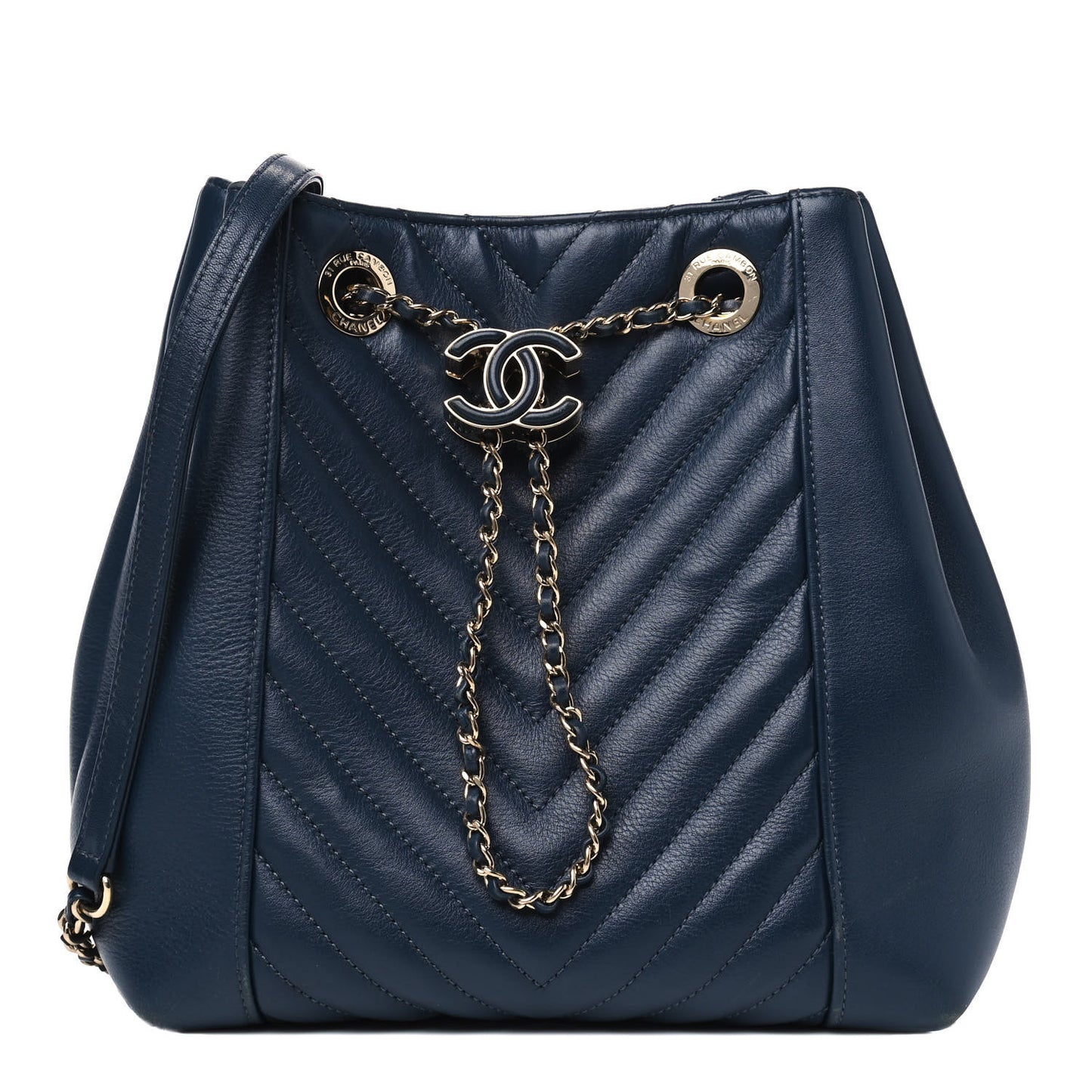 Calfskin Quilted Daily Chevron Drawstring Bag Blue