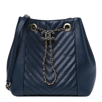 Chanel Calfskin Quilted Daily Chevron Drawstring Bag Blue 1 of 9